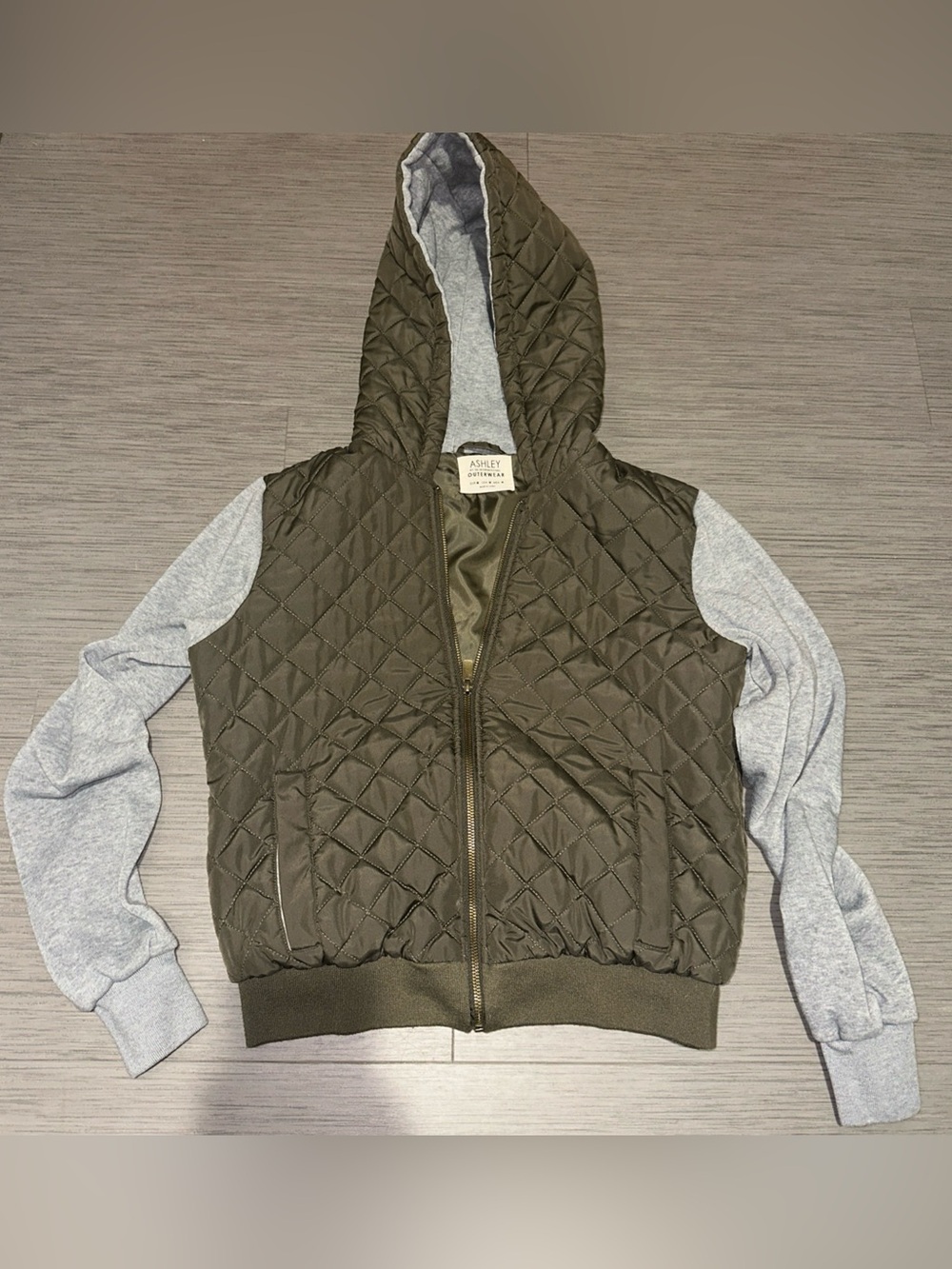 Ashley By 26 International Olive Green Quilted Hooded Jacket with Gray Sleeves